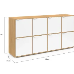 Buffet casier 139 cm CASSIE 8 portes blanc et bois