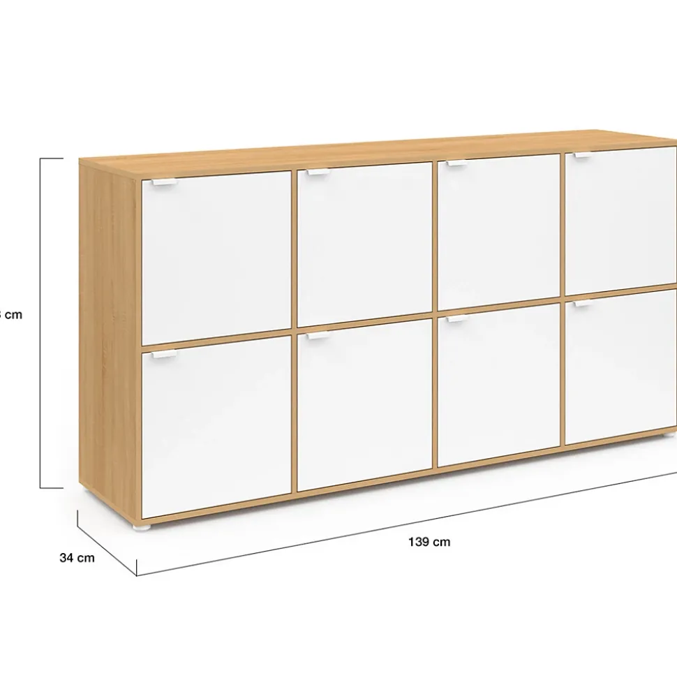 Buffet casier 139 cm CASSIE 8 portes blanc et bois
