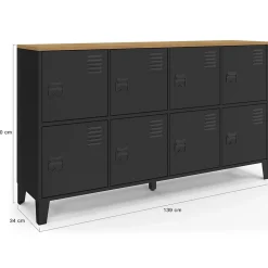 Buffet casier 139 cm ESTER 8 portes en métal noir plateau bois design industriel