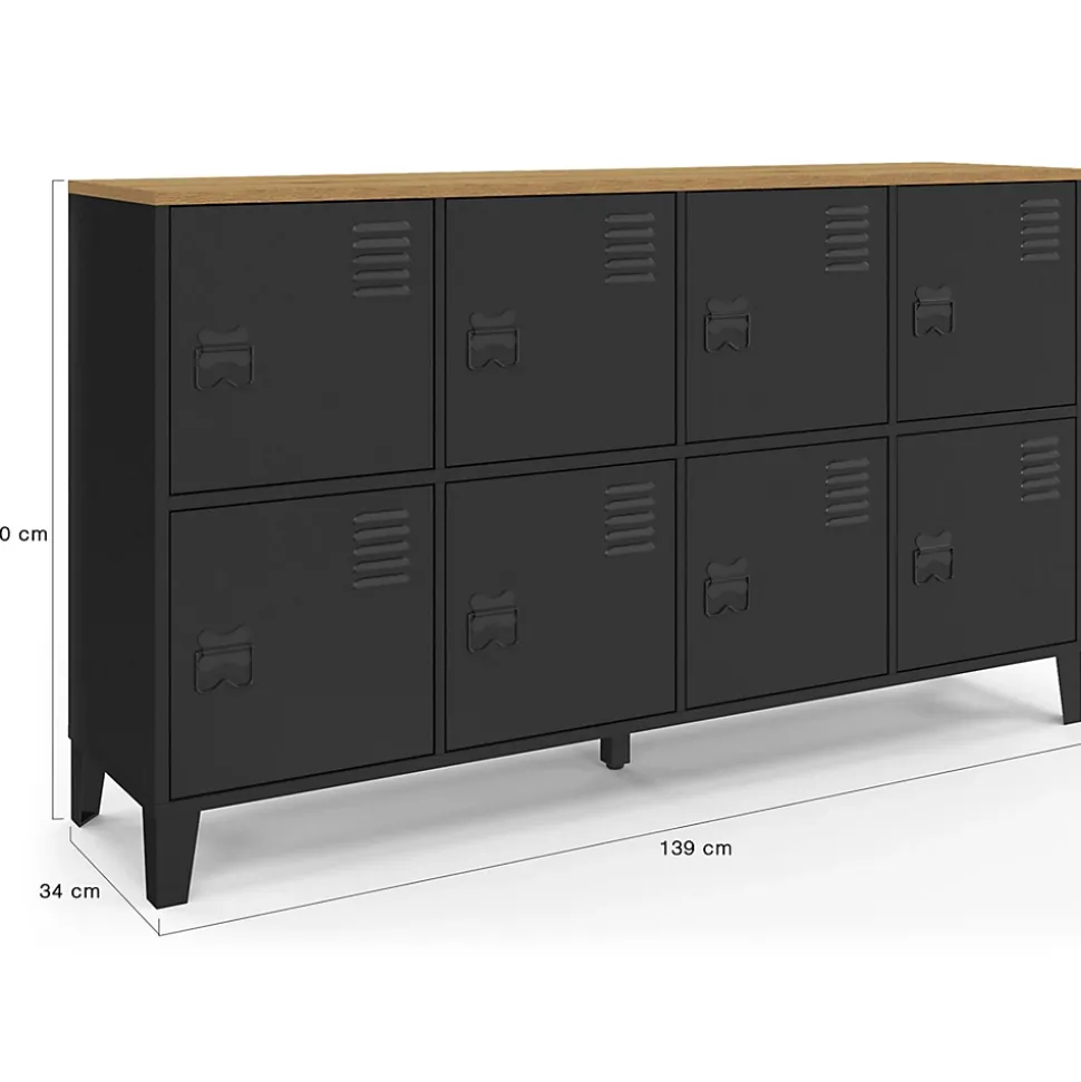 Buffet casier 139 cm ESTER 8 portes en métal noir plateau bois design industriel