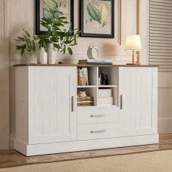 Buffet 140cm, Armoire de Rangement avec 2 Tiroirs et Portes,140x40x79.5cm, Blanc