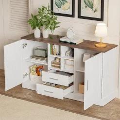 Buffet 140cm, Armoire de Rangement avec 2 Tiroirs et Portes,140x40x79.5cm, Blanc