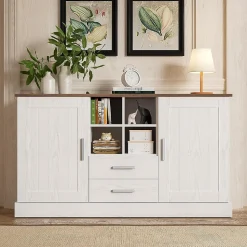 Buffet 140cm, Armoire de Rangement avec 2 Tiroirs et Portes,140x40x79.5cm, Blanc