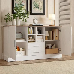 Buffet 140cm, Armoire de Rangement avec 2 Tiroirs et Portes,140x40x79.5cm, Blanc