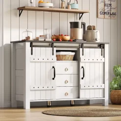 Buffet 120cm blanc rustique, portes coulissantes + 3 tiroirs, bar à café - Cuisine/salon