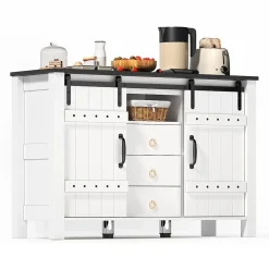 Buffet 120cm blanc rustique, portes coulissantes + 3 tiroirs, bar à café - Cuisine/salon