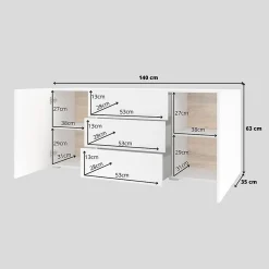 Buffet 140cm collection EVA 2 portes et 3 tiroirs. Couleur blanc et chene.