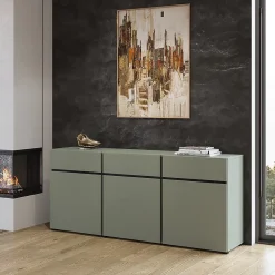 Buffet coloris vert sauge 180cm collection HAVANA. Bahut design avec 3 portes et 3 tiroirs.