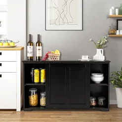 Buffet Commode Bas avec 2 Etagères Tablette Hauteur Réglable Vaisselier Bahut de Cuisine avec Porte Coulissante