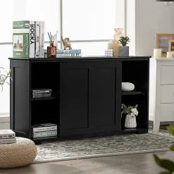 Buffet Commode Bas avec 2 Etagères Tablette Hauteur Réglable Vaisselier Bahut de Cuisine avec Porte Coulissante