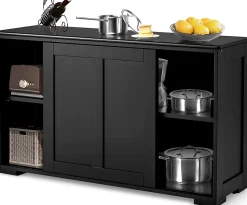 Buffet Commode Bas avec 2 Etagères Tablette Hauteur Réglable Vaisselier Bahut de Cuisine avec Porte Coulissante