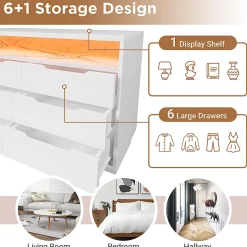 Buffet Commode LED 6 Tiroirs Grain Marbre 120x40x85Cm Blanc Blackcolors
