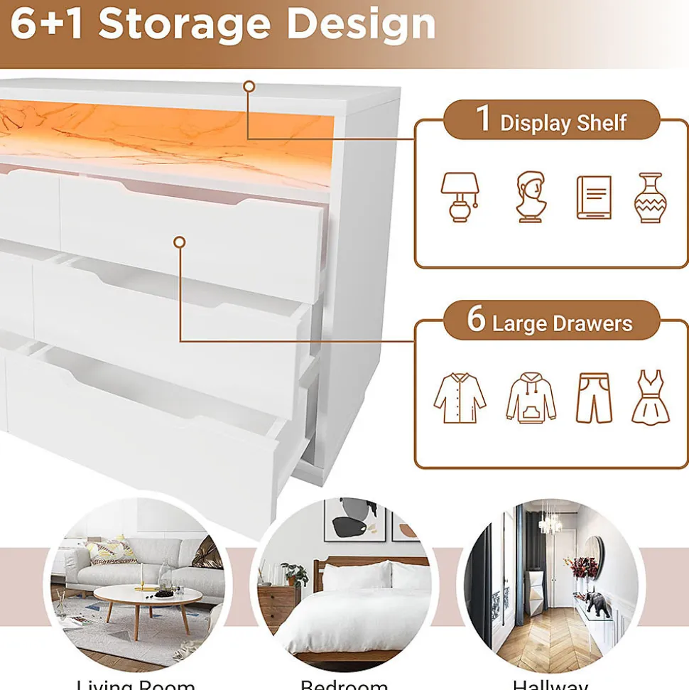 Buffet Commode LED 6 Tiroirs Grain Marbre 120x40x85Cm Blanc Blackcolors