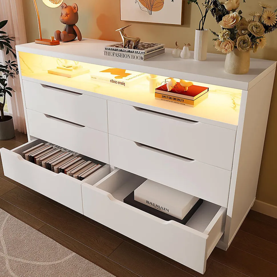 Buffet Commode LED 6 Tiroirs Grain Marbre 120x40x85Cm Blanc Blackcolors