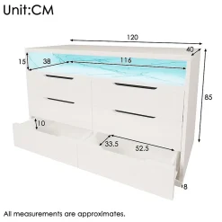 Buffet Commode LED 6 Tiroirs Grain Marbre 120x40x85Cm Blanc Blackcolors