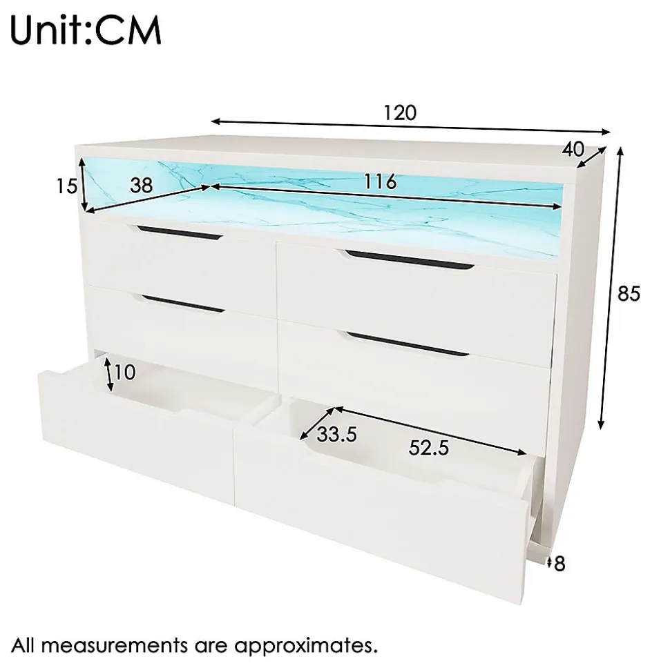 Buffet Commode LED 6 Tiroirs Grain Marbre 120x40x85Cm Blanc Blackcolors
