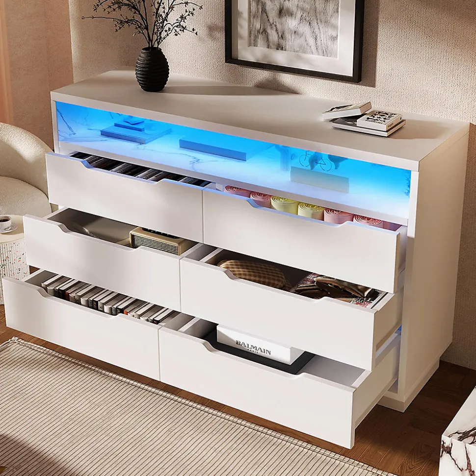 Buffet Commode LED 6 Tiroirs Grain Marbre 120x40x85Cm Blanc Blackcolors