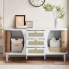 Buffet, Commode, Meuble de rangement en rotin avec portes coulissantes, étagères réglables et plateau arrondi, blanc