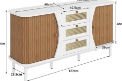 Buffet, Commode, Meuble de rangement en rotin avec portes coulissantes, étagères réglables et plateau arrondi, blanc