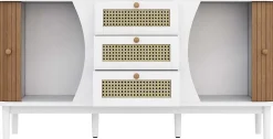 Buffet, Commode, Meuble de rangement en rotin avec portes coulissantes, étagères réglables et plateau arrondi, blanc