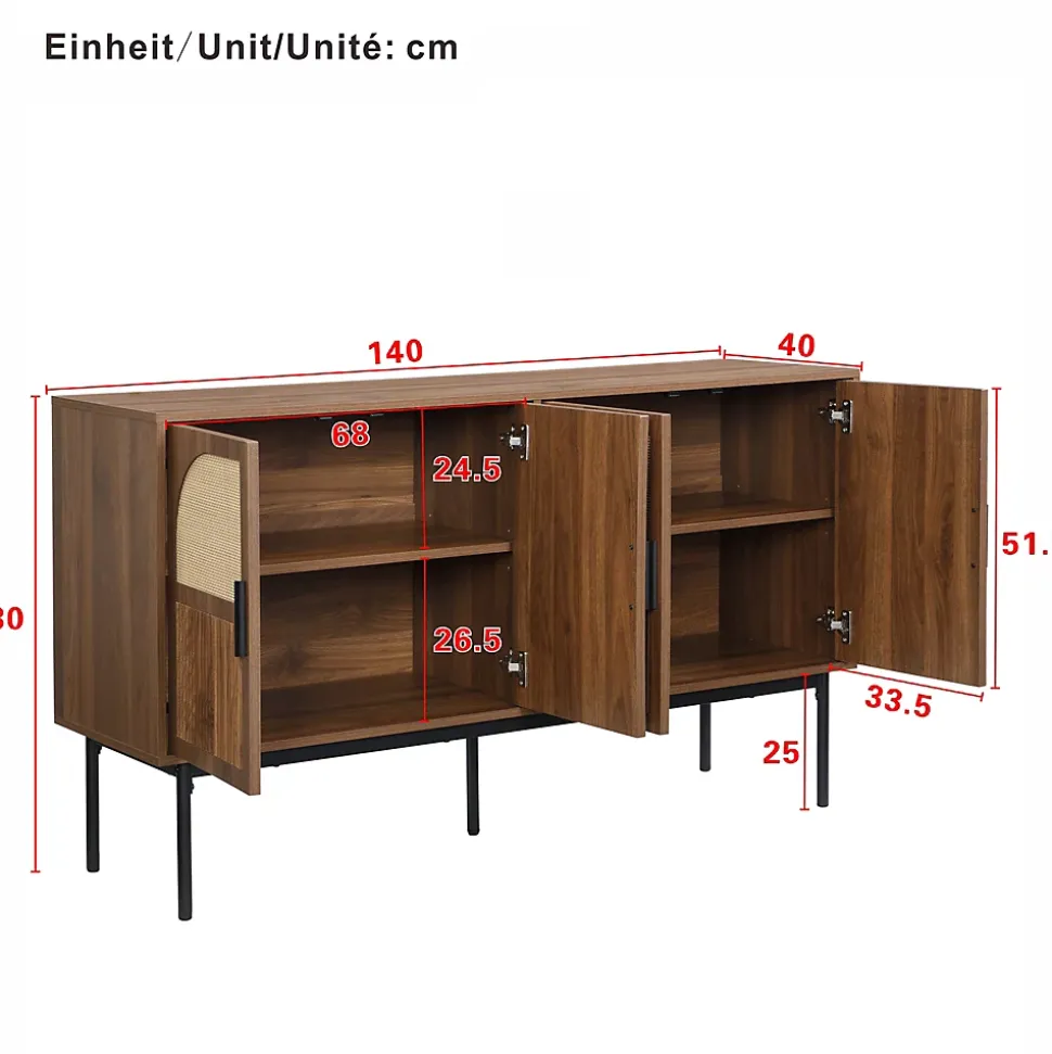 Buffet Commode Meuble d'entrée Moderne avec 4 Portes et Charnières à Fermeture Amortie, MDF, 140x40x80 cm - Bois Naturel