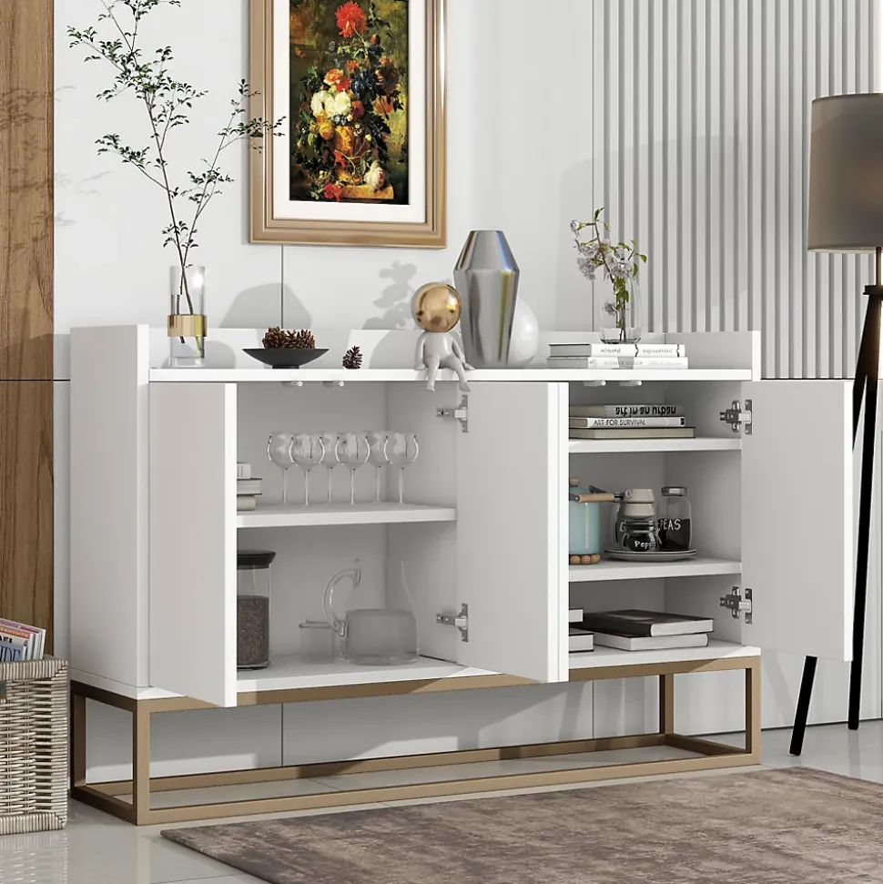 Buffet Contemporain, Meuble De Rangement, 4 Portes Sans Poignées, Meuble De Cuisine, Blanc