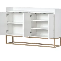 Buffet Contemporain, Meuble De Rangement, 4 Portes Sans Poignées, Meuble De Cuisine, Blanc