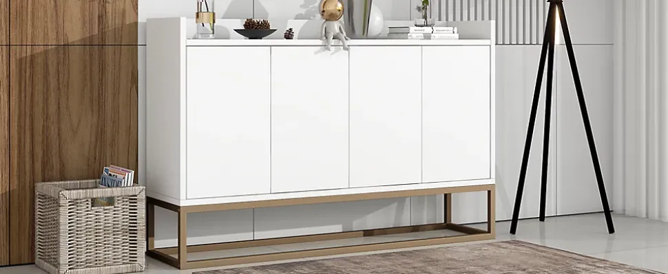 Buffet Contemporain, Meuble De Rangement, 4 Portes Sans Poignées, Meuble De Cuisine, Blanc