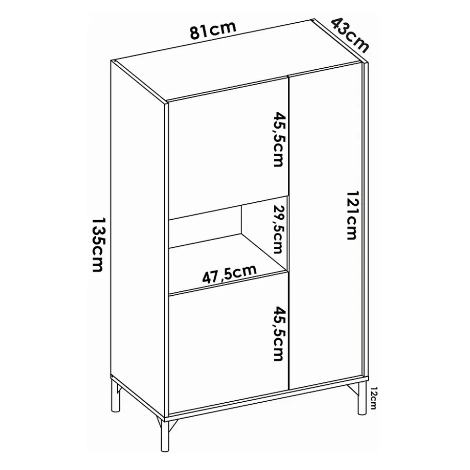 Buffet Crono, Buffet de salon haut, Buffet de salon moderne avec 3 portes, 81x43h135 cm, Chêne et Blanc