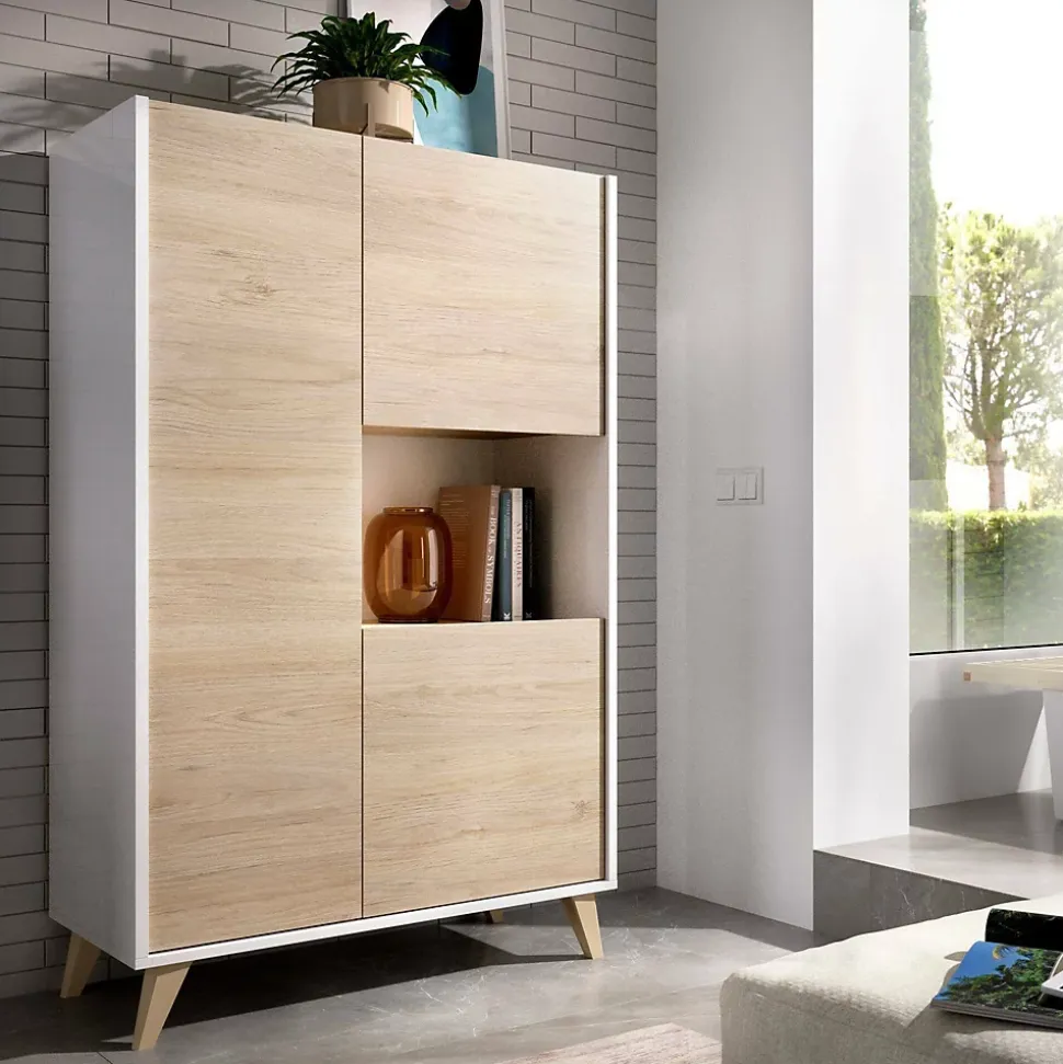 Buffet Crono, Buffet de salon haut, Buffet de salon moderne avec 3 portes, 81x43h135 cm, Chêne et Blanc