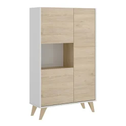 Buffet Crono, Buffet de salon haut, Buffet de salon moderne avec 3 portes, 81x43h135 cm, Chêne et Blanc