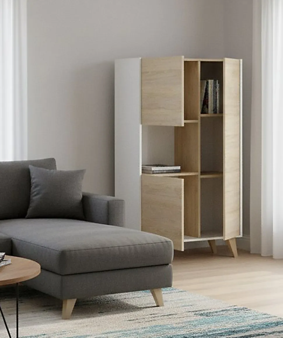 Buffet Crono, Buffet de salon haut, Buffet de salon moderne avec 3 portes, 81x43h135 cm, Chêne et Blanc