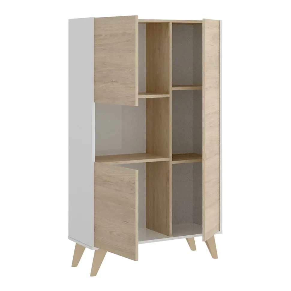 Buffet Crono, Buffet de salon haut, Buffet de salon moderne avec 3 portes, 81x43h135 cm, Chêne et Blanc