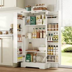 Buffet Cuisine - Buffet de Rangement avec LED, 2 Portes Battantes et Étagères Réglables - 60x35x128,5 cm - PB MDF - Blanc