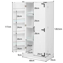 Buffet Cuisine - Buffet de Rangement avec LED, 2 Portes Battantes et Étagères Réglables - 60x35x128,5 cm - PB MDF - Blanc