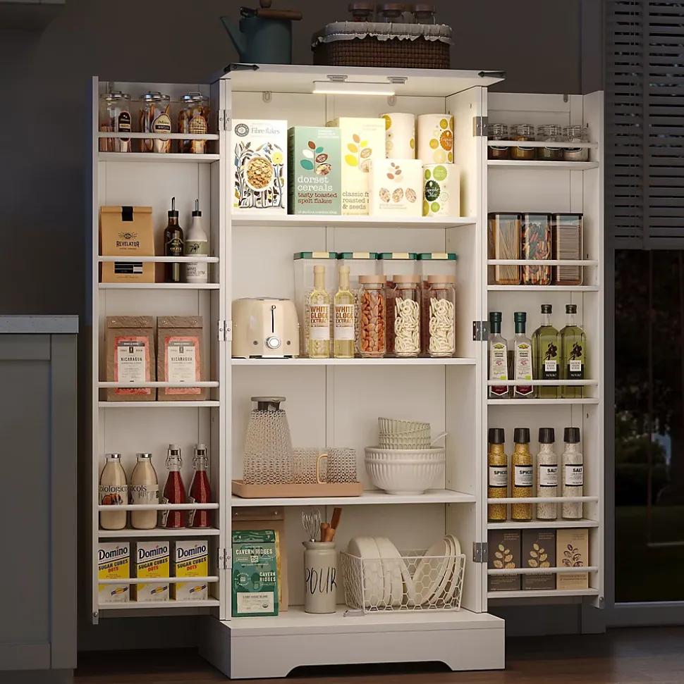 Buffet Cuisine - Buffet de Rangement avec LED, 2 Portes Battantes et Étagères Réglables - 60x35x128,5 cm - PB MDF - Blanc