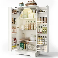 Buffet Cuisine - Buffet de Rangement avec LED, 2 Portes Battantes et Étagères Réglables - 60x35x128,5 cm - PB MDF - Blanc