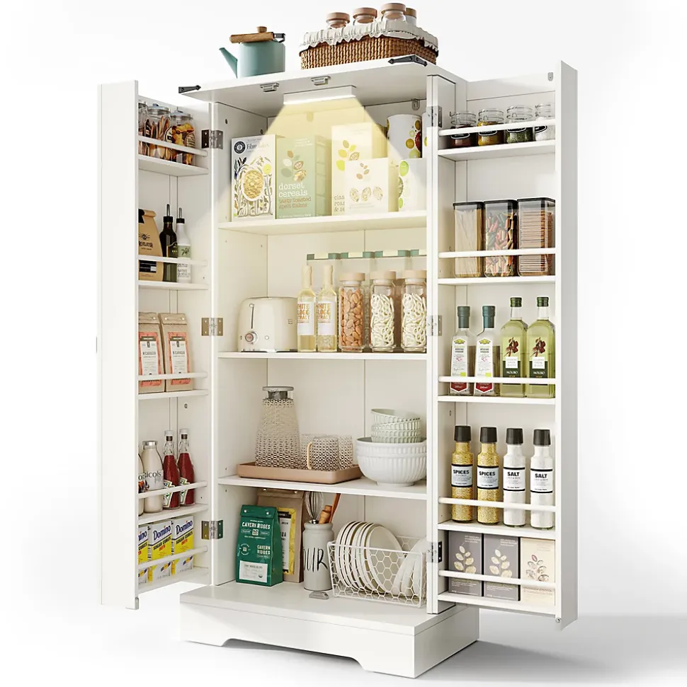 Buffet Cuisine - Buffet de Rangement avec LED, 2 Portes Battantes et Étagères Réglables - 60x35x128,5 cm - PB MDF - Blanc