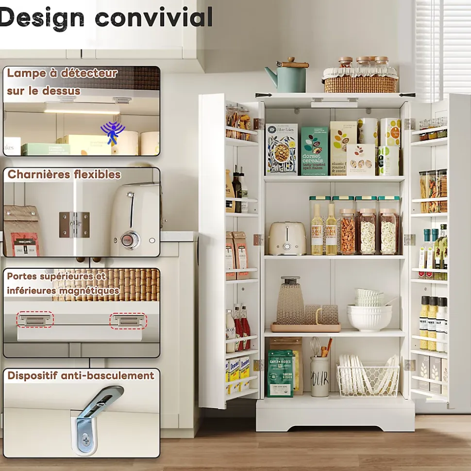 Buffet Cuisine - Buffet de Rangement avec LED, 2 Portes Battantes et Étagères Réglables - 60x35x128,5 cm - PB MDF - Blanc