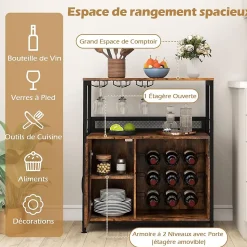 Buffet Cuisine avec Casier pour 9 Bouteilles,75 x 34 x 90CM,Meuble Bar à Vin 3 Porte-Verres et Porte à Grille,avec Pieds Réglables