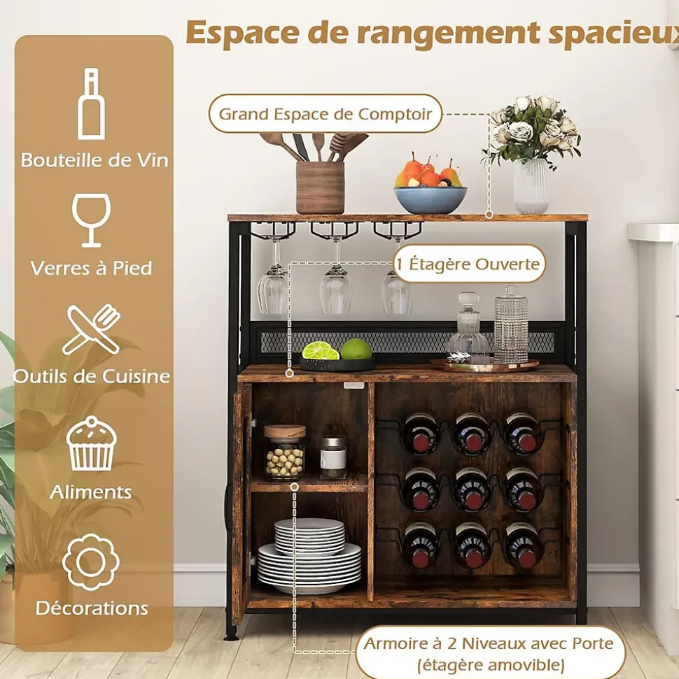 Buffet Cuisine avec Casier pour 9 Bouteilles,75 x 34 x 90CM,Meuble Bar à Vin 3 Porte-Verres et Porte à Grille,avec Pieds Réglables