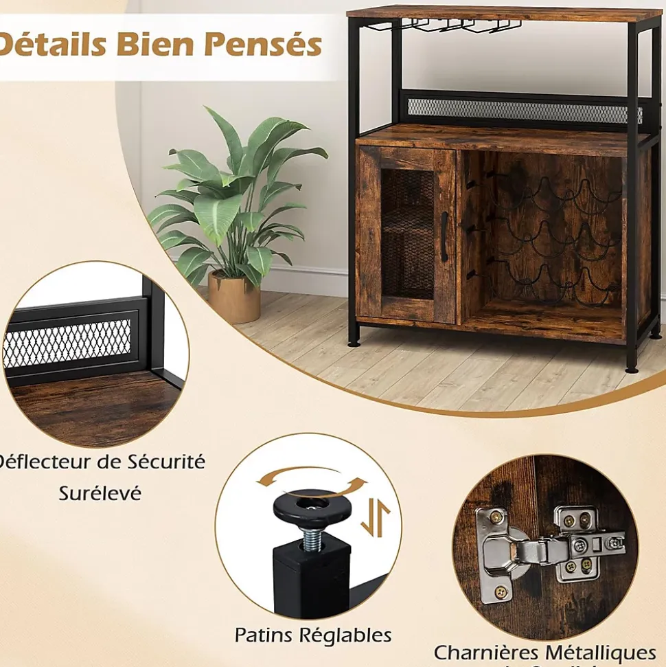 Buffet Cuisine avec Casier pour 9 Bouteilles,75 x 34 x 90CM,Meuble Bar à Vin 3 Porte-Verres et Porte à Grille,avec Pieds Réglables
