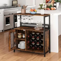 Buffet Cuisine avec Casier pour 9 Bouteilles,75 x 34 x 90CM,Meuble Bar à Vin 3 Porte-Verres et Porte à Grille,avec Pieds Réglables