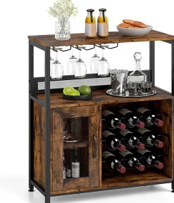 Buffet Cuisine avec Casier pour 9 Bouteilles,75 x 34 x 90CM,Meuble Bar à Vin 3 Porte-Verres et Porte à Grille,avec Pieds Réglables
