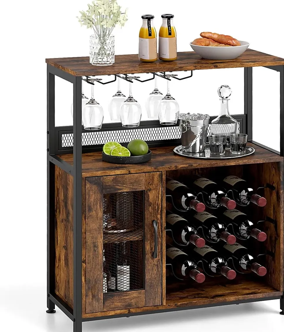 Buffet Cuisine avec Casier pour 9 Bouteilles,75 x 34 x 90CM,Meuble Bar à Vin 3 Porte-Verres et Porte à Grille,avec Pieds Réglables