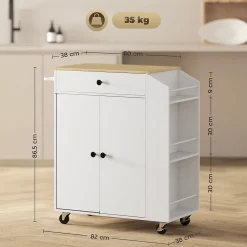 Buffet Cuisine Roulant Blanc - Plan De Travail, Rangement Organisé - Épices Et Serviettes Intégrés
