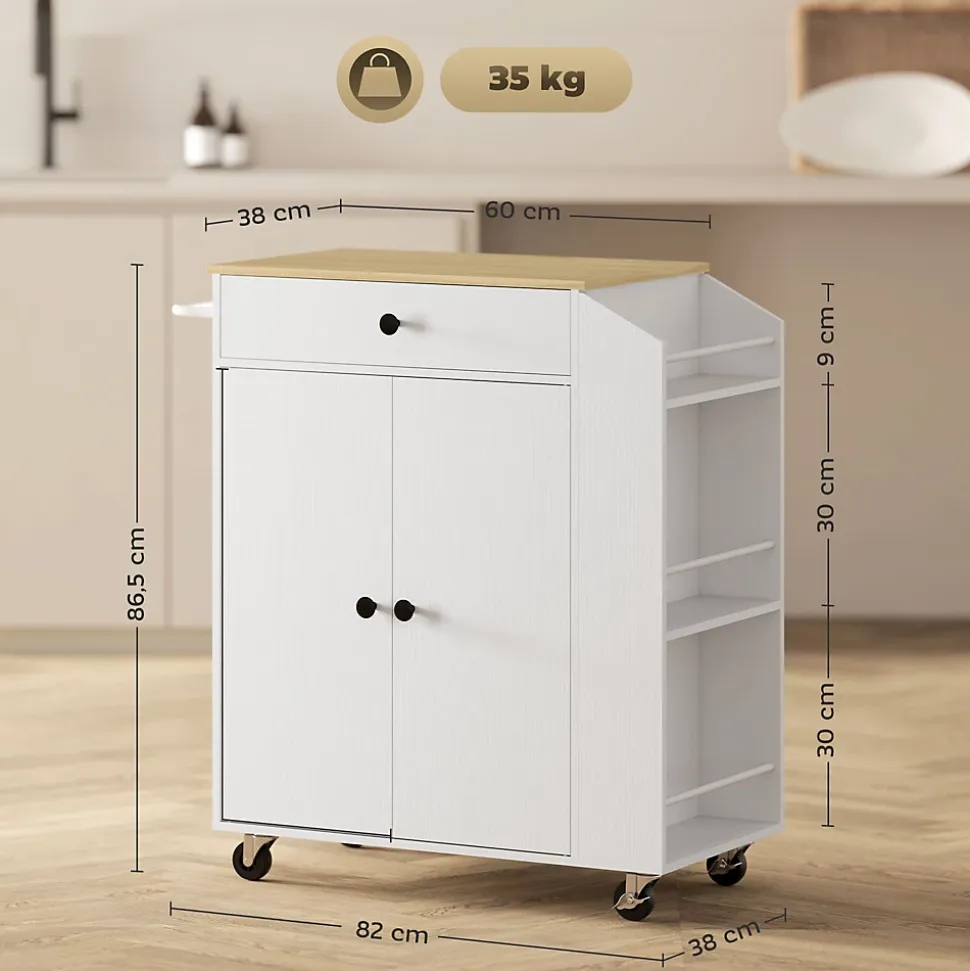 Buffet Cuisine Roulant Blanc - Plan De Travail, Rangement Organisé - Épices Et Serviettes Intégrés