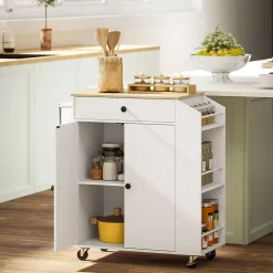 Buffet Cuisine Roulant Blanc - Plan De Travail, Rangement Organisé - Épices Et Serviettes Intégrés