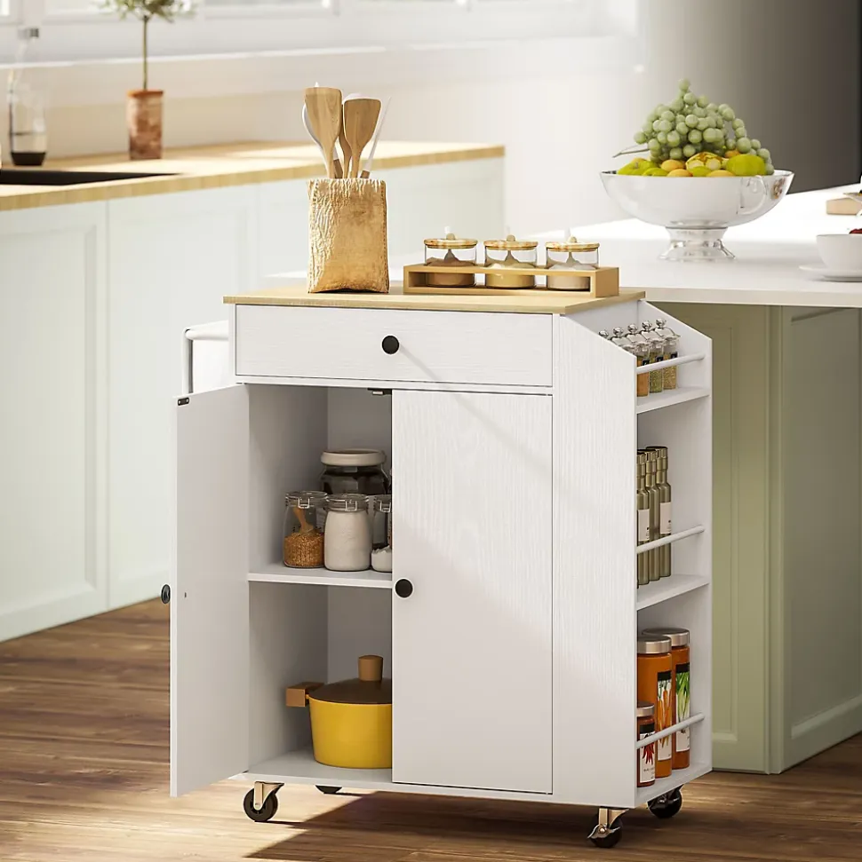 Buffet Cuisine Roulant Blanc - Plan De Travail, Rangement Organisé - Épices Et Serviettes Intégrés