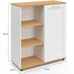 Buffet d'appoint 70 cm VITO 3 étagères et placard blanc et plateau bois